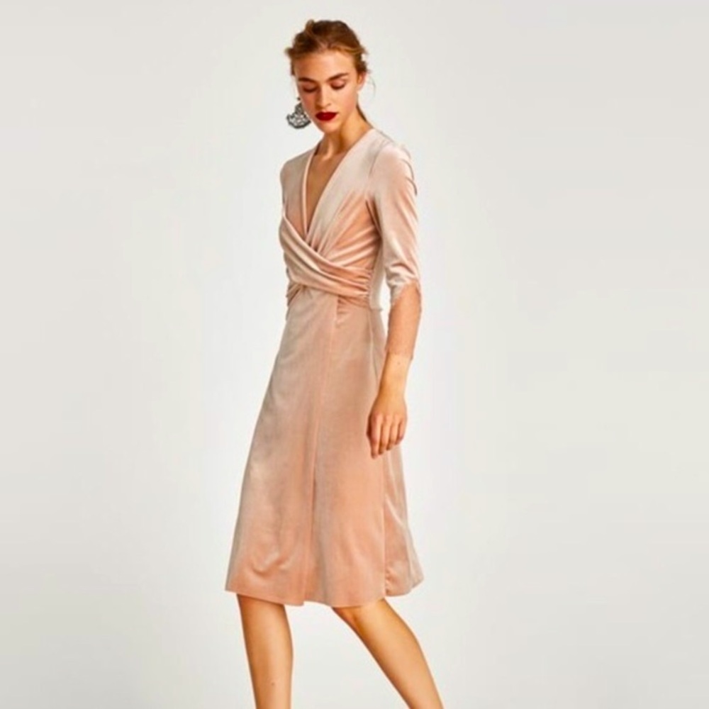ZARA BLUSH VELVET LACE MIDI DRESS SIZE SMALL